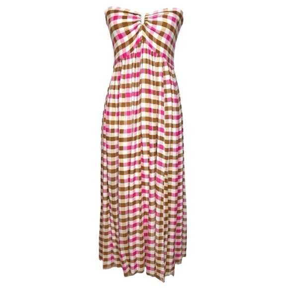 Free People Diana Convertible Dress Skirt M Pink Brown Check Gingham Cottagecore - Picture 3 of 13